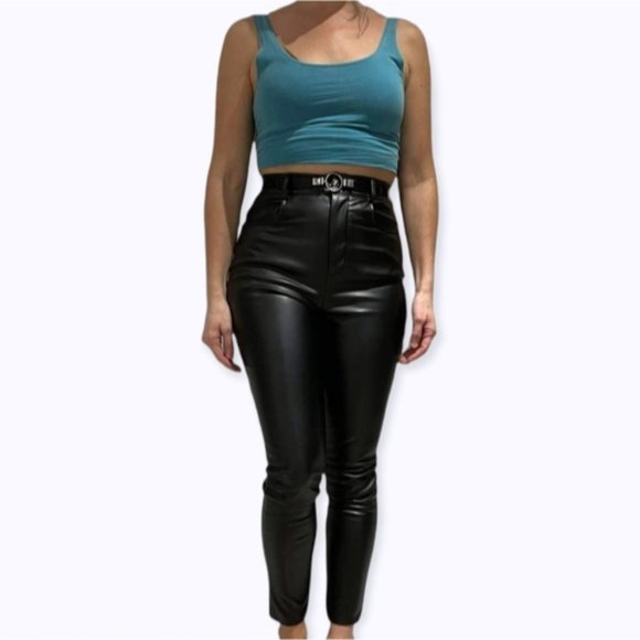 NWT- MISSGUIDED - Black High Waisted Faux Leather Slim pants with pockets - Picture 1 of 6